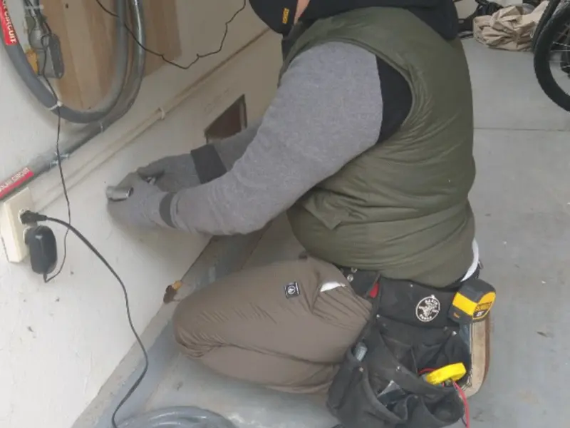 Electrician performing outlet wiring in a Eldorado garage